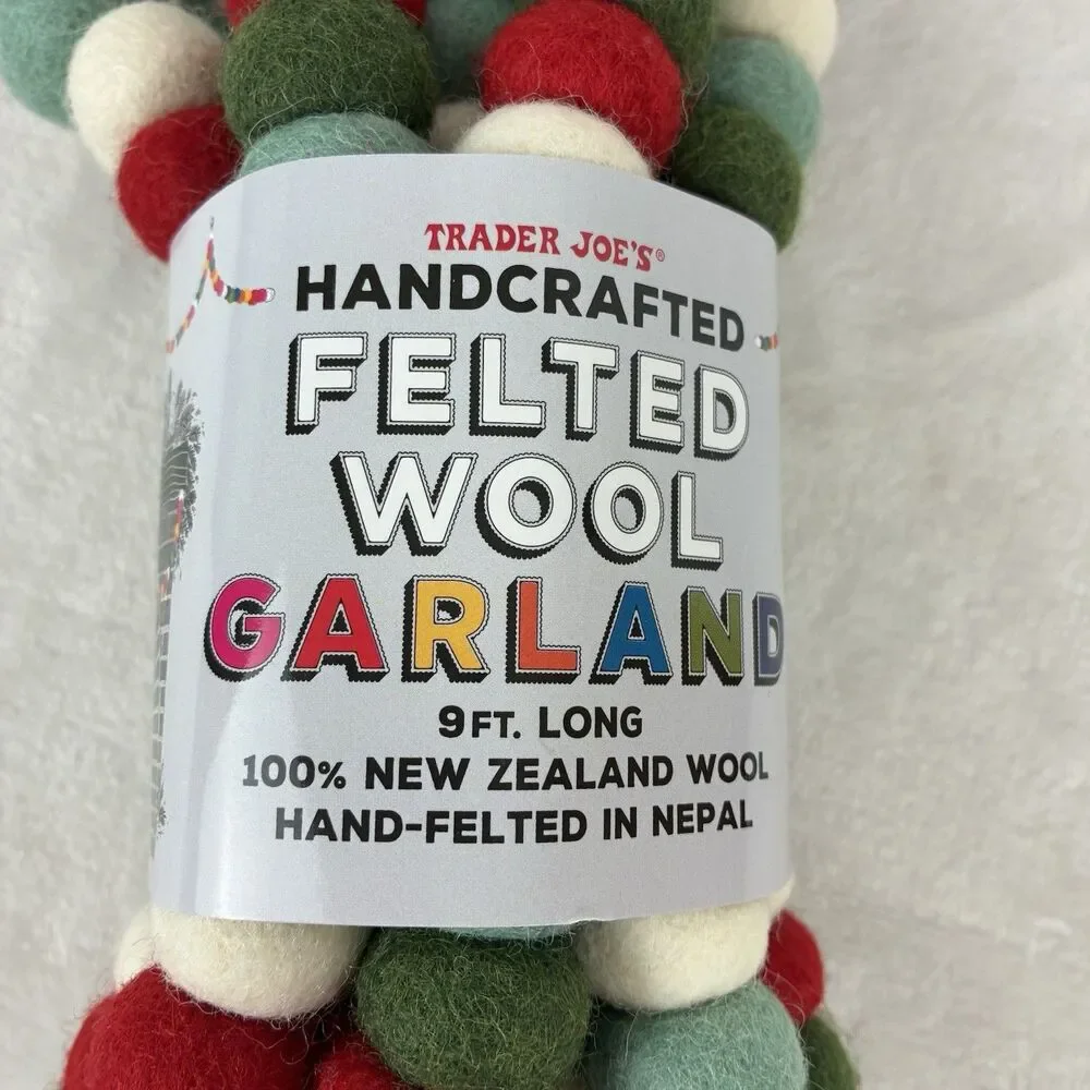 Trader Joe's Handcrafted Felted Wool Garland 9ft  Green Red White Holiday NWT
